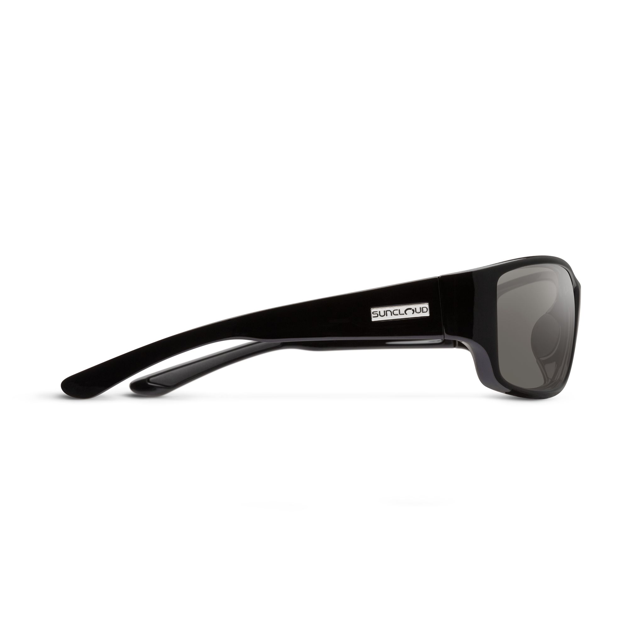 Side profile of sport wrap sunglasses with black frame and gray polarized lenses