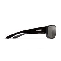 Side profile of sport wrap sunglasses with black frame and gray polarized lenses