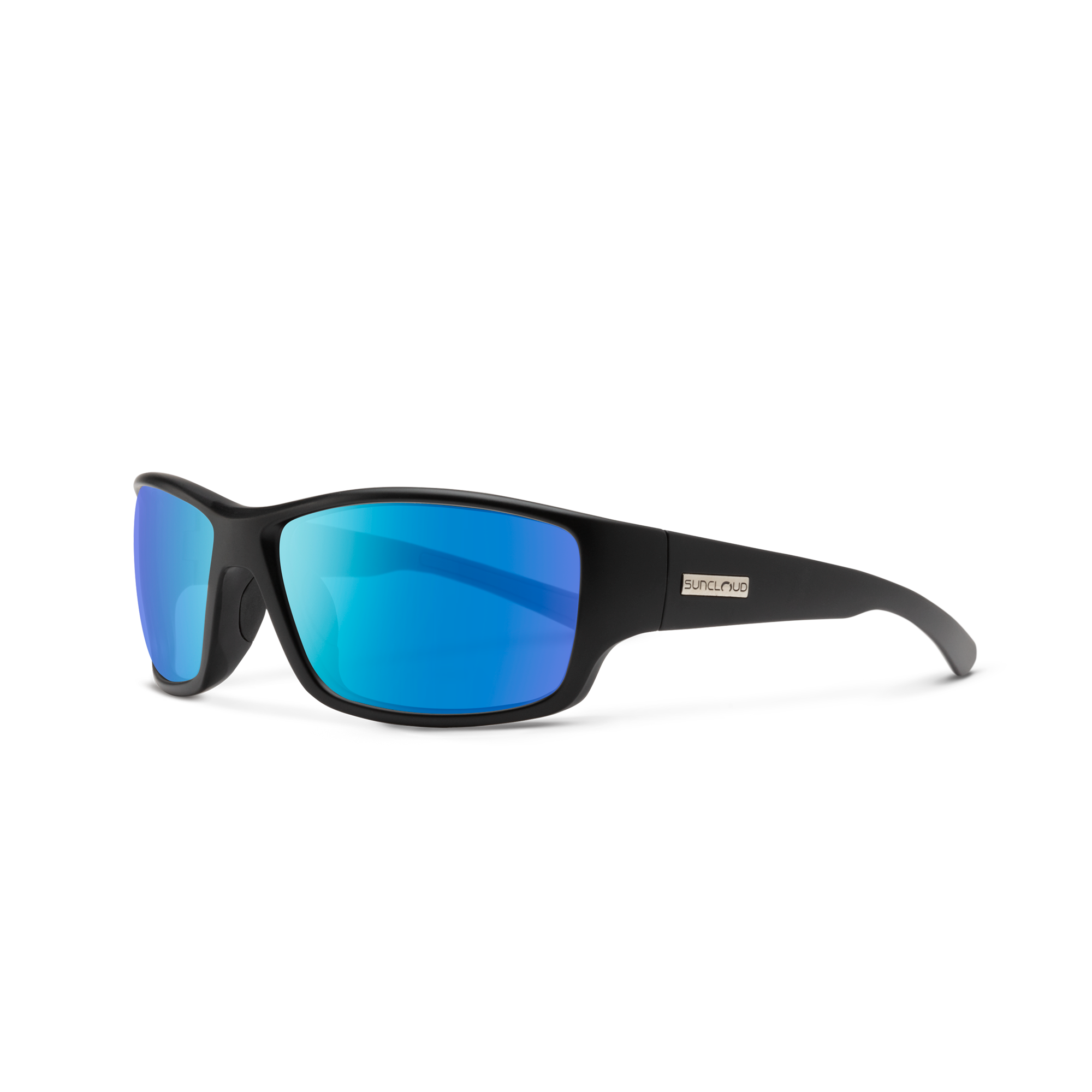 Sport wrap sunglasses with matte black frame and vibrant blue mirrored lenses, three-quarter view