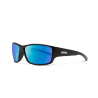 Sport wrap sunglasses with matte black frame and vibrant blue mirrored lenses, three-quarter view