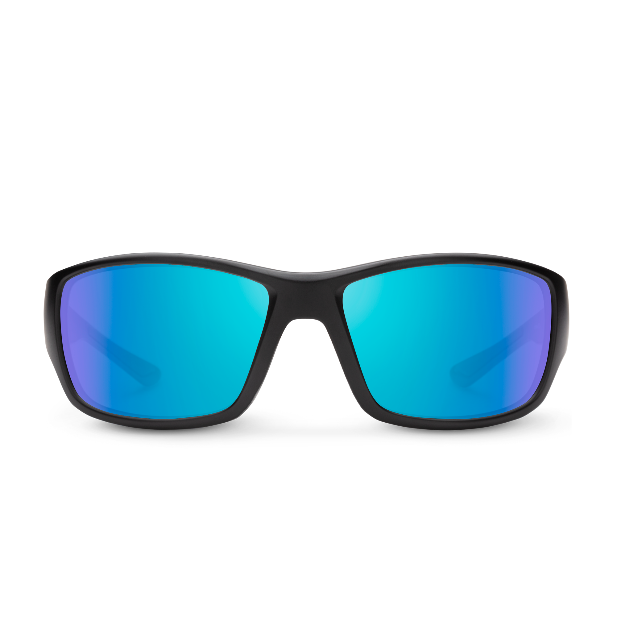 Sport wraparound sunglasses with matte black frame and blue mirrored lenses, front view
