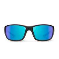 Sport wraparound sunglasses with matte black frame and blue mirrored lenses, front view