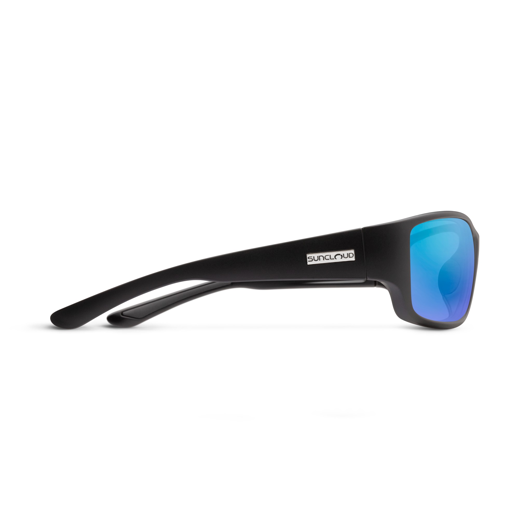 Sport sunglasses with matte black frame and blue mirrored lenses, side profile view