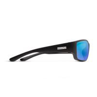 Sport sunglasses with matte black frame and blue mirrored lenses, side profile view