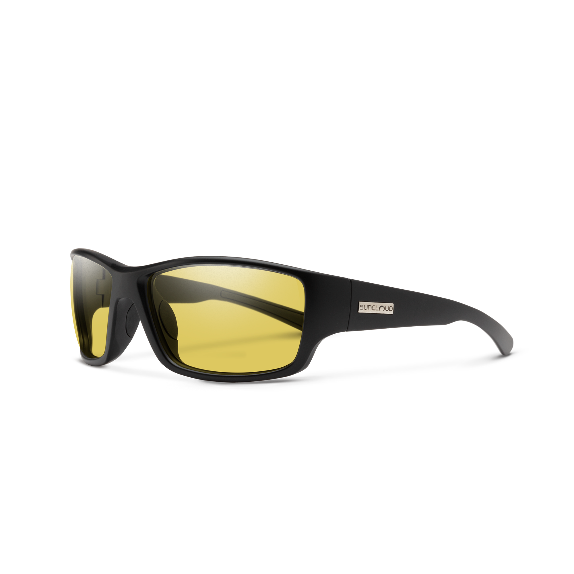 Sport wrap sunglasses with black plastic frames and yellow tinted lenses, angled view