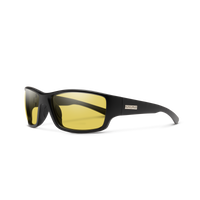 Sport wrap sunglasses with black plastic frames and yellow tinted lenses, angled view