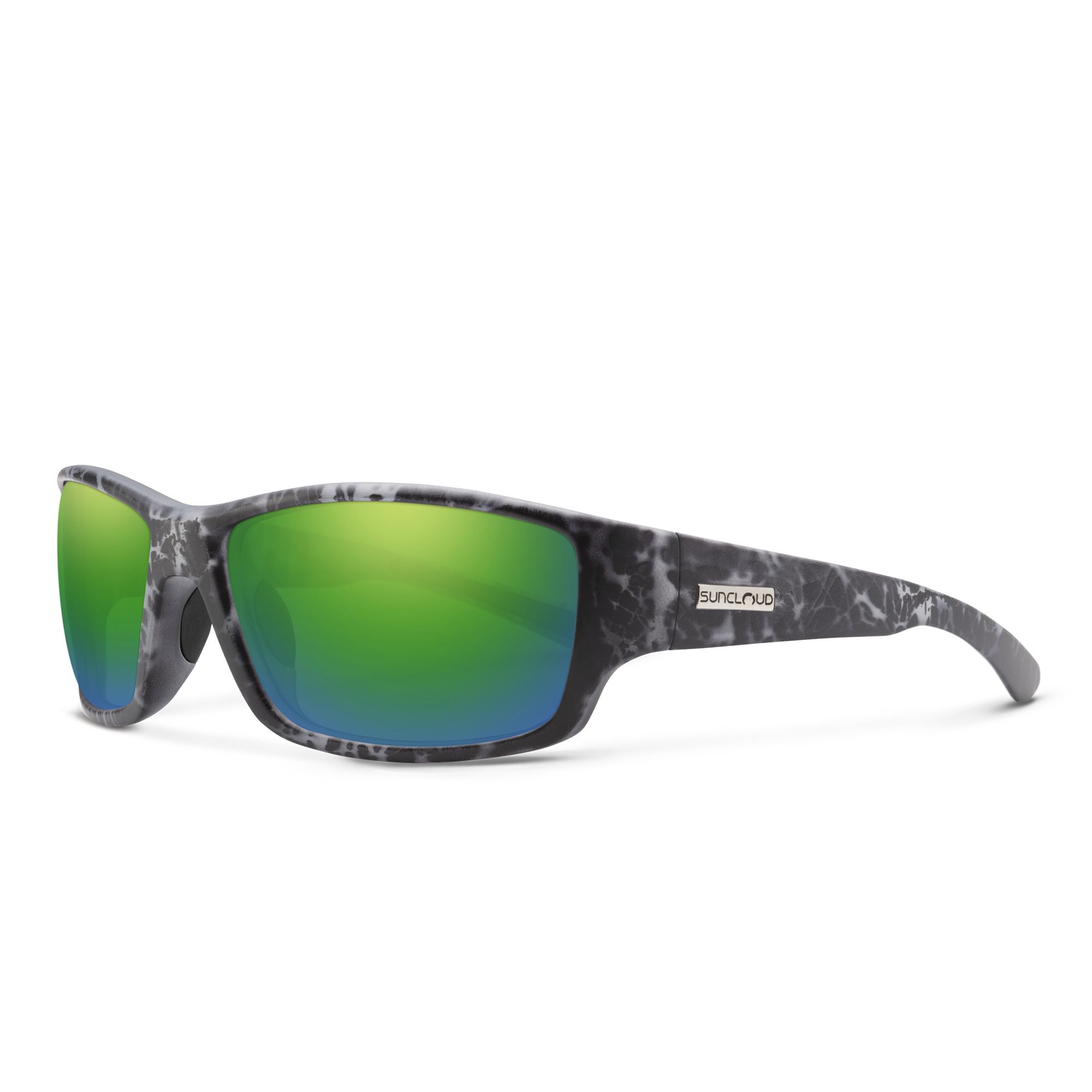 Sport wrap sunglasses with marble-patterned frame and green mirrored lenses, angled view