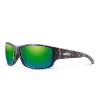 Sport wrap sunglasses with marble-patterned frame and green mirrored lenses, angled view