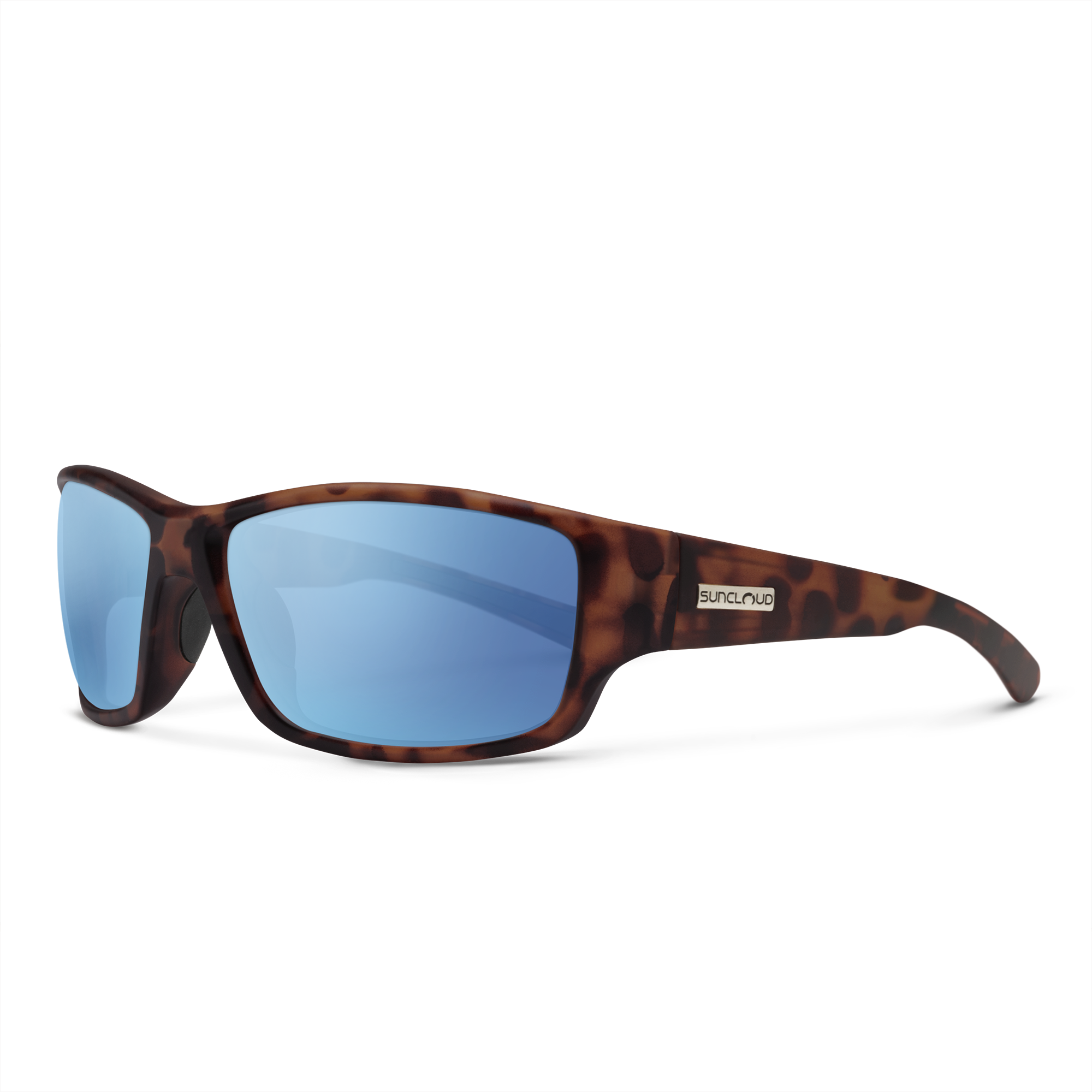 Wraparound sport sunglasses with tortoiseshell frame and blue mirrored polarized lenses, three-quarter view