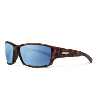 Wraparound sport sunglasses with tortoiseshell frame and blue mirrored polarized lenses, three-quarter view