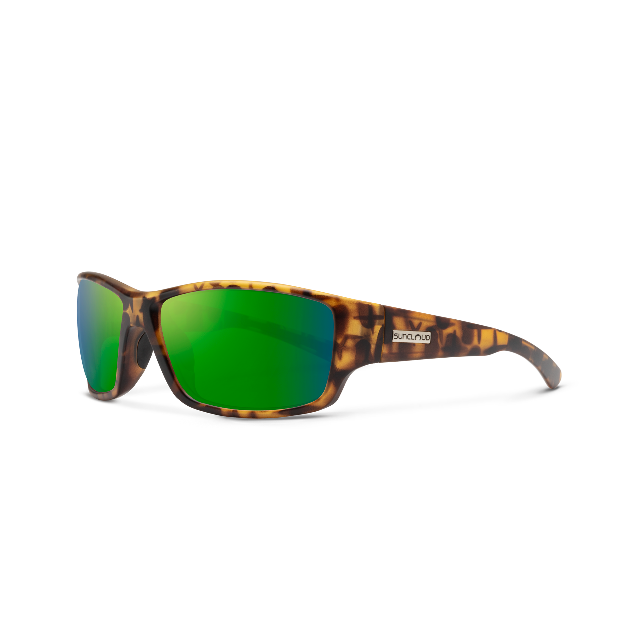Sport wrap sunglasses with tortoise shell frame and green mirrored lenses, three-quarter view