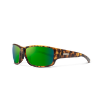 Sport wrap sunglasses with tortoise shell frame and green mirrored lenses, three-quarter view