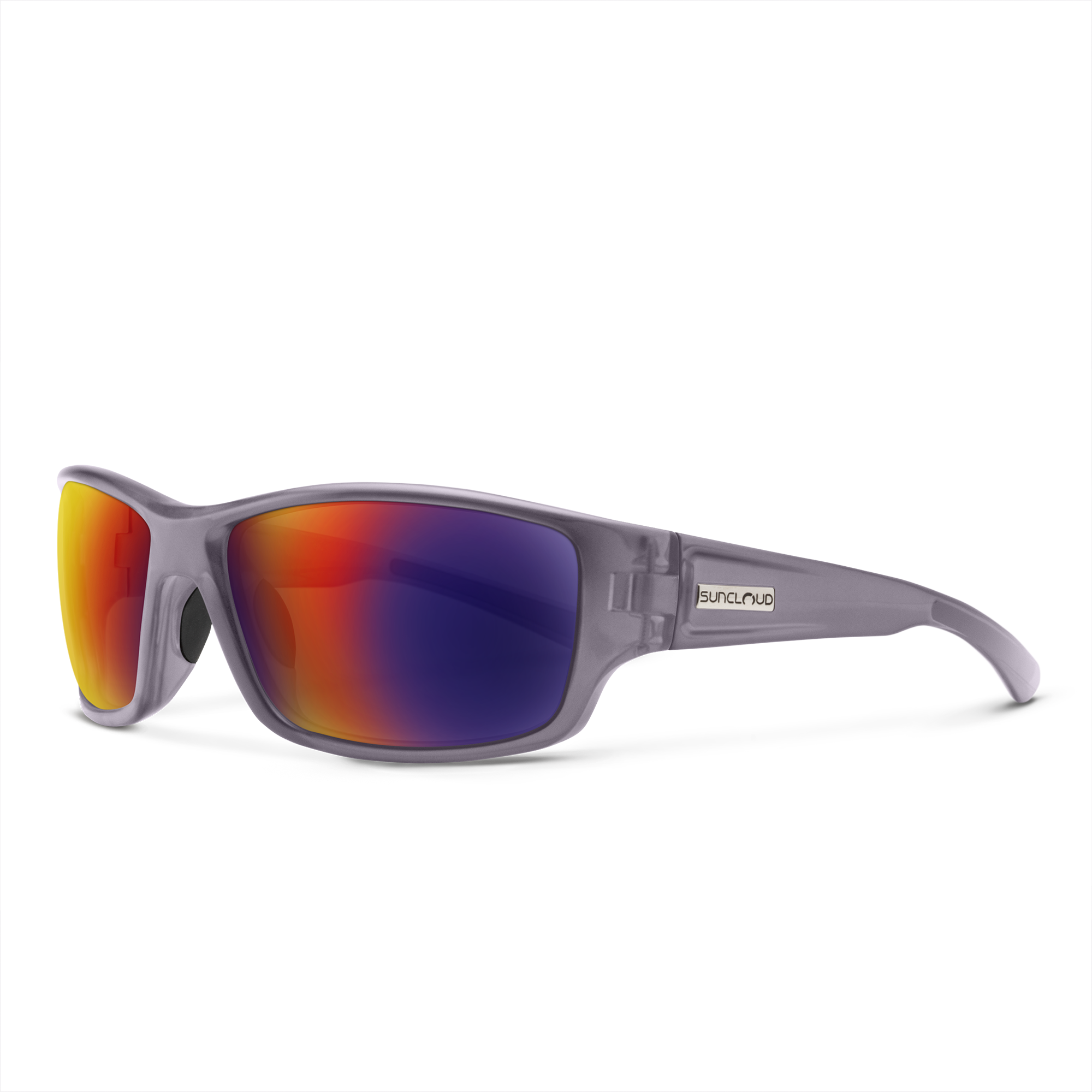 Sport wrap sunglasses with translucent gray frame and red-blue mirrored lenses, angled view