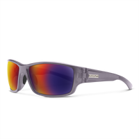 Sport wrap sunglasses with translucent gray frame and red-blue mirrored lenses, angled view