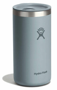 Insulated stainless steel tumbler cup with sliding lid, angled front view