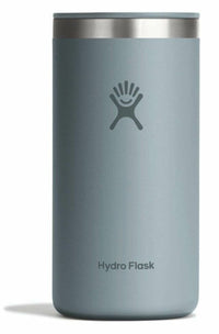Insulated stainless steel tumbler cup with silver lid and embossed logo, front view
