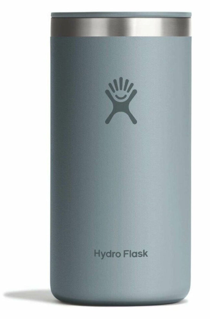 Insulated stainless steel tumbler cup with silver lid and embossed logo, front view