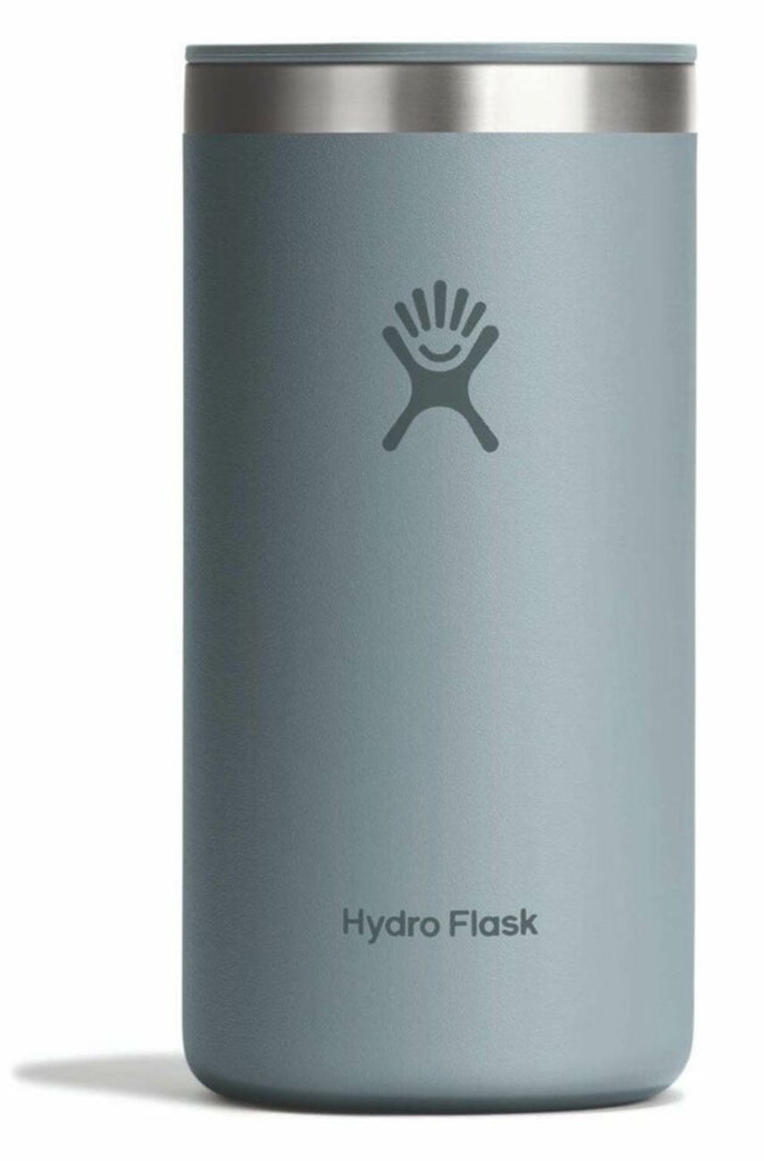 Insulated stainless steel tumbler cup with silver lid and embossed logo, front view