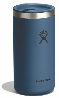 Insulated stainless steel tumbler cup with sliding lid, angled view, dark blue finish