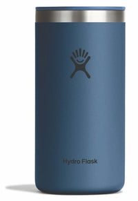 Insulated stainless steel tumbler cup with lid and embossed hand logo, front view