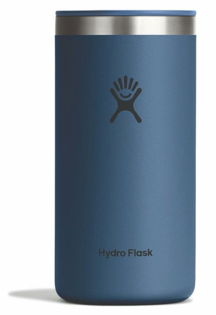 Insulated stainless steel tumbler cup with lid and embossed hand logo, front view