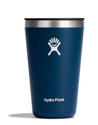 Deep navy insulated tumbler with black lid, stainless steel rim, and hand logo, front view