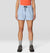 Women's light blue athletic shorts with drawstring waist and tonal sun print pattern, front view