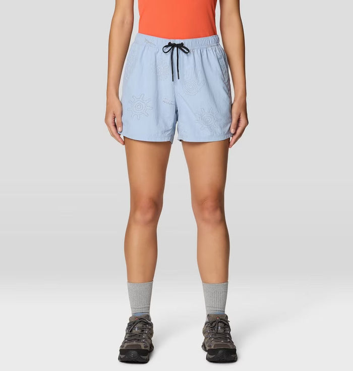 Women's light blue athletic shorts with drawstring waist and tonal sun print pattern, front view