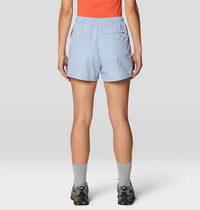 Women's light blue printed athletic shorts, back view, with elastic waistband and zip pocket