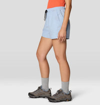Women's light blue patterned pull-on shorts with drawstring waist, side view, worn with hiking shoes