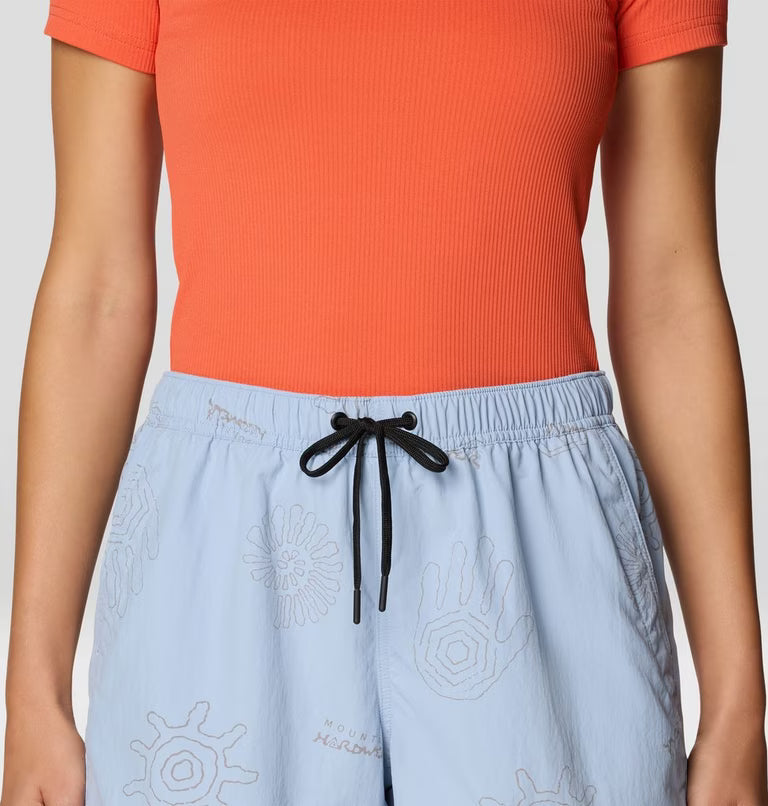 Women's light blue patterned shorts with black drawstring waistband, close-up front view
