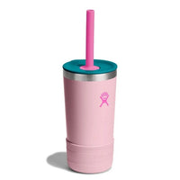 12oz insulated kids tumbler with pink straw, teal lid, and matching protective boot, angled view