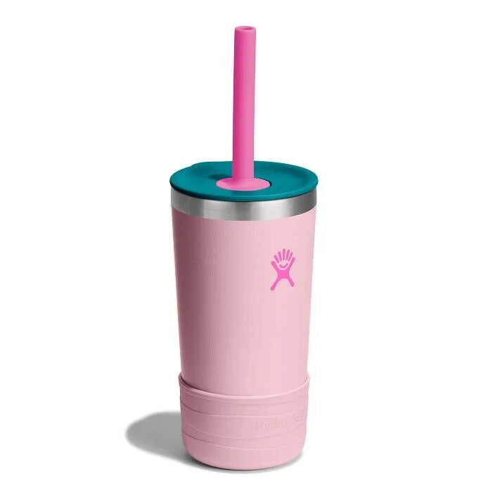12oz insulated kids tumbler with pink straw, teal lid, and matching protective boot, angled view
