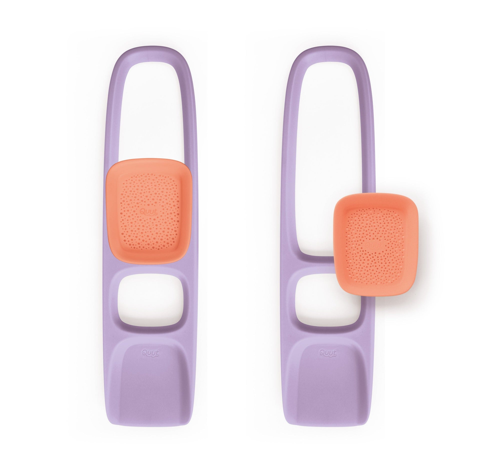 Purple sand scooping tools with coral strainer attachments shown in two positions