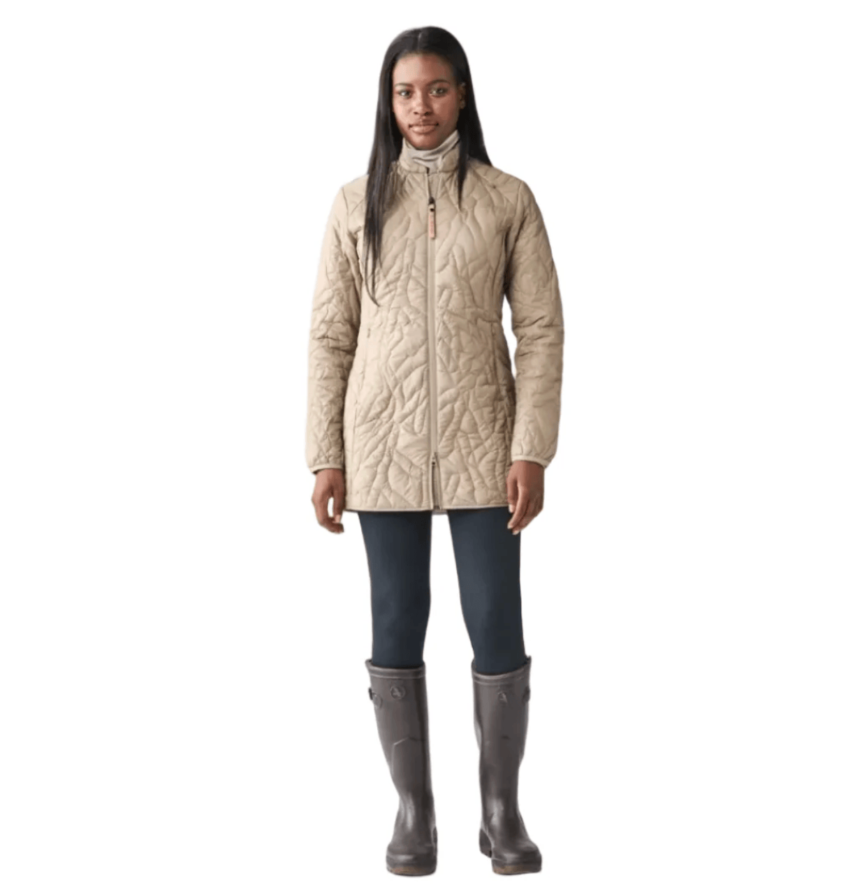 Women's quilted long jacket in tan with full zip and high collar, front view on model