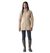Women's quilted long jacket in tan with full zip and high collar, front view on model