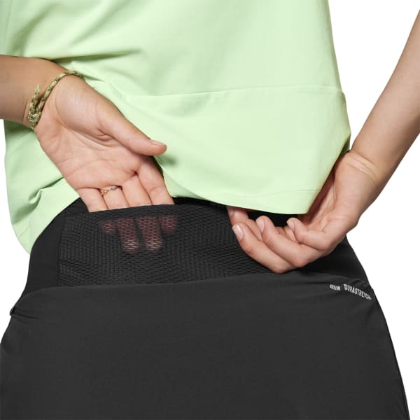Black athletic skort with mesh waistband pocket shown from rear close-up view