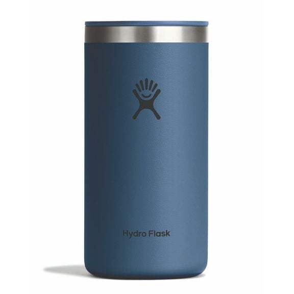 Insulated stainless steel tumbler in deep blue with silver lid, straight-on front view