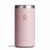 Insulated tumbler cup in soft pink with stainless steel rim and lid, front view