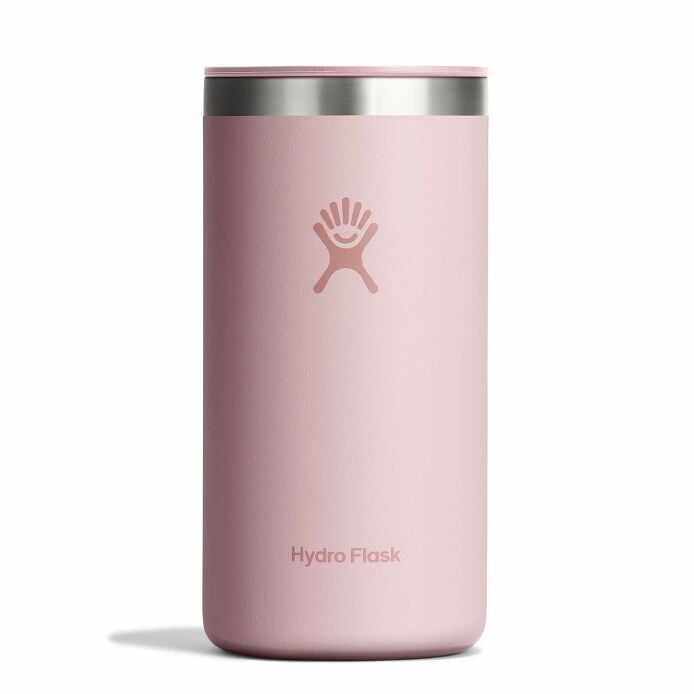 Insulated tumbler cup in soft pink with stainless steel rim and lid, front view