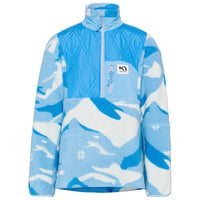 Women's half-zip fleece pullover with camouflage print and quilted chest panel, front view