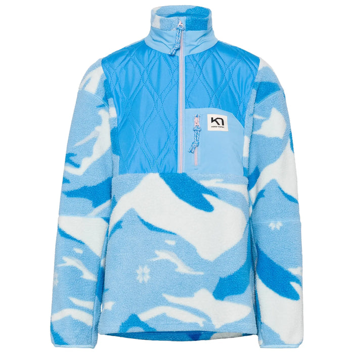 Women's half-zip fleece pullover with camouflage print and quilted chest panel, front view