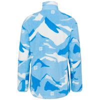 Women's fleece half-zip pullover back view with blue and white abstract mountain pattern