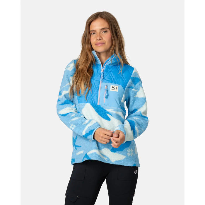 Women's half-zip sherpa fleece pullover with Nordic snowflake pattern, front on-model view