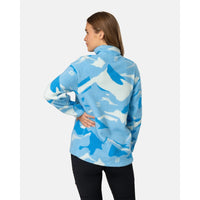 Women's fleece half-zip pullover in blue camo pattern, back view on model