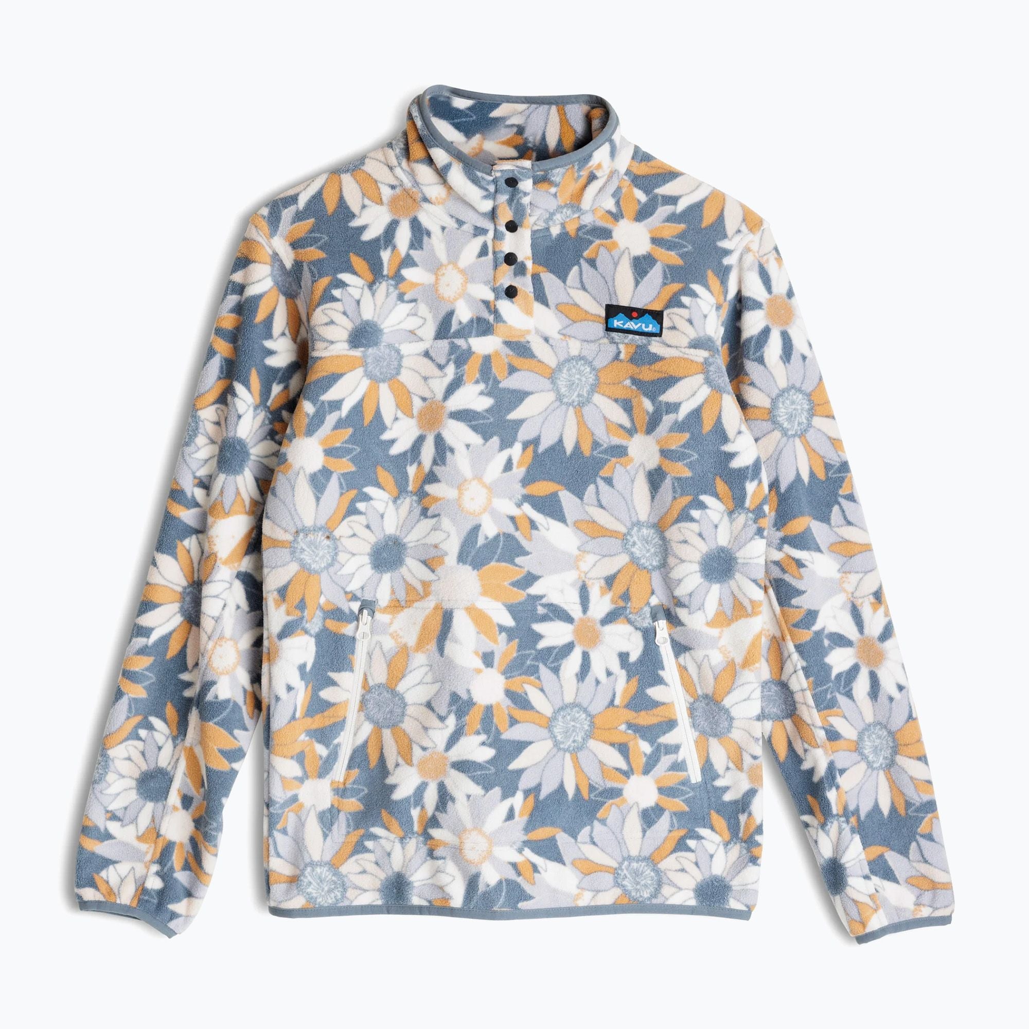 Fleece pullover with daisy floral pattern, snap button collar, and front pockets