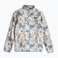 Fleece pullover with daisy floral pattern, snap button collar, and front pockets