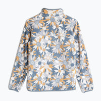 Fleece pullover with quarter-zip collar featuring gray background and white orange daisy print