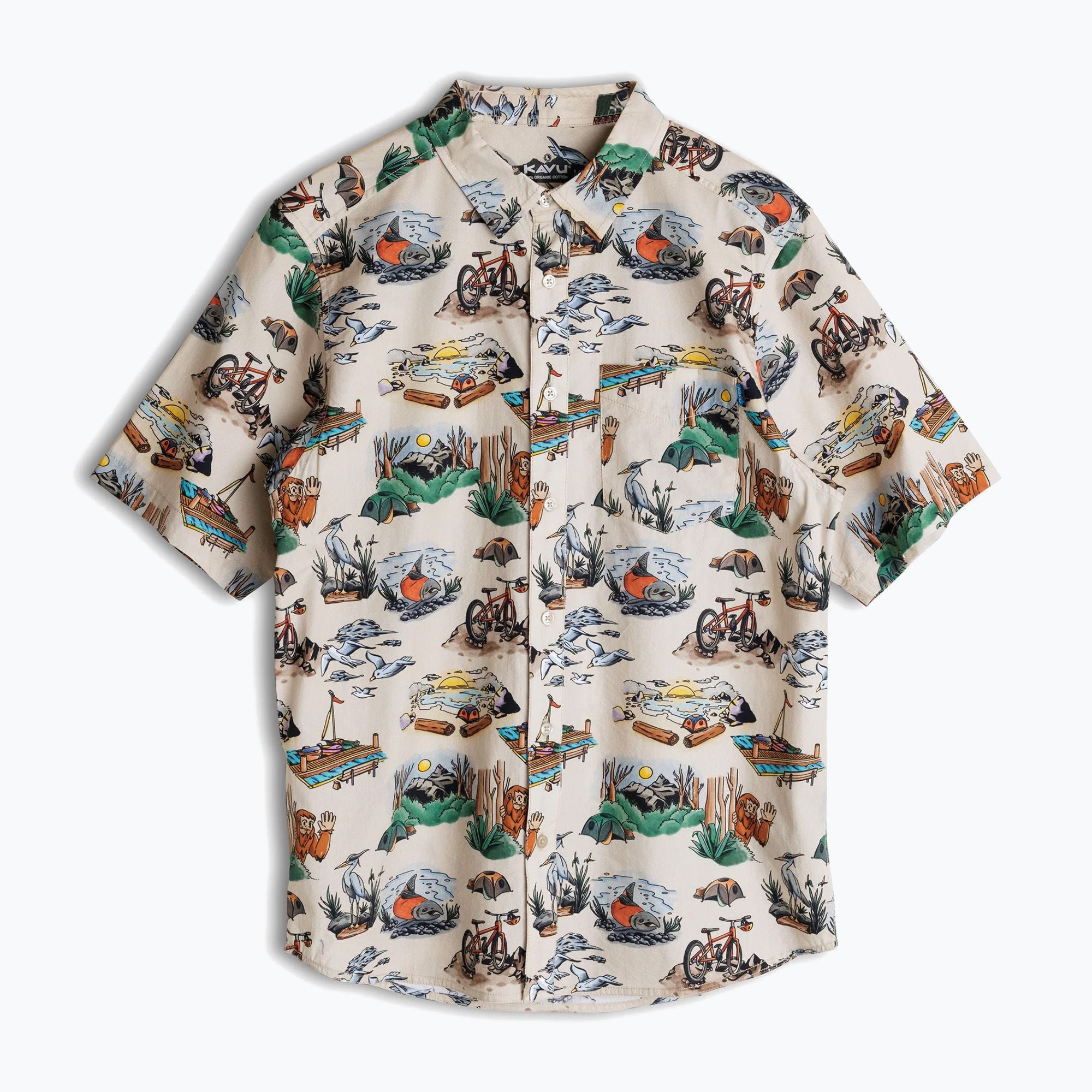 Short sleeve button-up shirt with outdoor adventure print on light background, front view