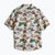 Short sleeve button-up shirt with outdoor adventure print on light background, front view